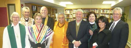 Presenters at the 2010 Interfaith Thanksgiving Service. From left to right are Reverend Judith Bither (Reno First United Methodist Church), Canon Robert Petrovich (International Community of Christ), Rabbi Myra Soifer, Buddhist priest Dr. William Bartlett, Hindu leader Rajan Zed, Imam Abdul Barghouthi (Northern Nevada Muslim Community), Reverend Stefani Schatz (Trinity Episcopal Church), Roya Galata (Baha'i Faith), and Bruce Brinkerhoff (Church of Jesus Christ of Latter-day Saints).