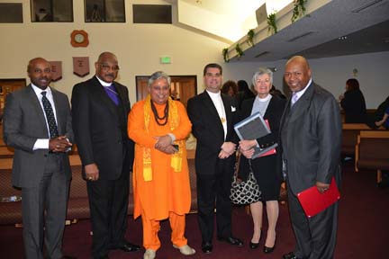 Program presenters, from left to right: Professor Ben Holden (University of Nevada Reno), Bishop Luther Dupree Jr. (Church of God in Christ), Rajan Zed (President, Universal Society of Hinduism), Right Reverend Gene Savoy, Jr. (Bishop, International Community of Christ, President, Nevada Clergy Association Chairman, Northern Nevada Martin Luther King, Jr. Holiday Commission), Reverend Patsy Pumphrey, Deacon (Trinity Episcopal Church), Reverend Michael L. Randle (Pastor, Second Baptist Church) PHOTO: Robert Roy