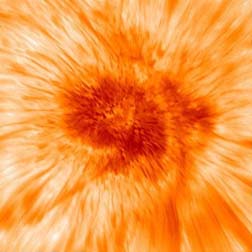 Groundbreaking images of the Sun captured by scientists at NJIT's Big Bear Solar Observatory give a first-ever detailed view of the interior structure of umbrae -- the dark patches in the center of sunspots -- revealing dynamic magnetic fields responsible for the plumes of plasma that emerge as bright dots interrupting their darkness. PHOTO: NJIT's Big Bear Solar Observatory