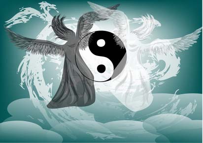 Yin and Yang fantasy with the angels on the clouds