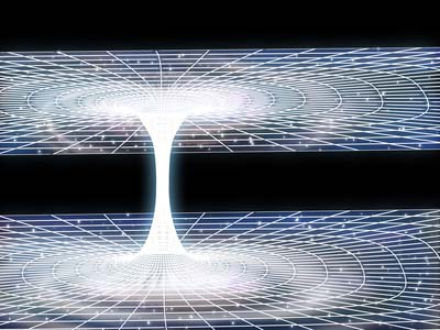 Illustration of a wormhole ripping its way through outer space