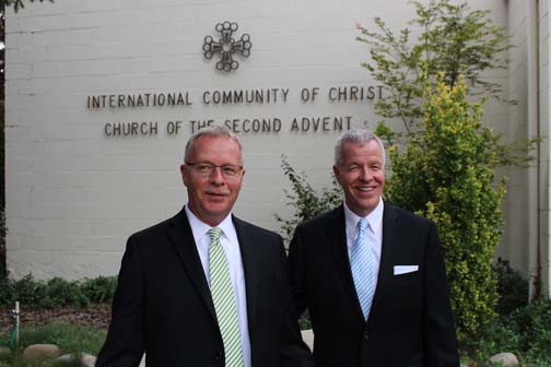 Rev. Greg Klinedinst and Stan Waltemeyer in front of the Chapel entrance following their marriage