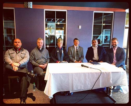 Interfaith panel answering teacher and student questions at Rain Shadow Community Charter High School. L to R: Brian Melendez (Native American Tribalism), Fr. Bob Chorey (Roman Catholicism), Rev. Shelly Fisher (Buddhism), Ryan Earl (LDS-Mormonism), Dr. Sherif Elfass (Islam), Rt. Rev. Sean Savoy (Second Adventism-Cosolargy).