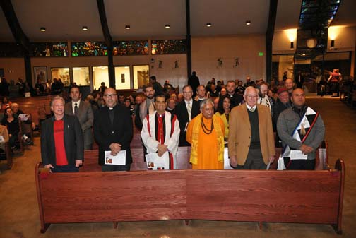 Presenters at 2015 Thanksgiving Eve Service assembled in first pews at Little Flower Church PHOTO: Stephan Fuelling