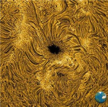 A view of a sunspot on the solar surface, visible here as a dark collection of plasma with magnetic field strengths similar to those found in modern hospital MRI machines. However, it is the size of the sunspot, which is comparable to that of our own Earth (see the scale Earth depicted in the lower-right corner), that gives these structures immense power and energy. The recent work published in Nature Physics reveals first-time evidence for how a rare breed of magnetic waves, which originate within the center of sunspots, can form shockwaves that heat the surrounding plasma by thousands of degrees.
PHOTO: Image courtesy of Queen's University, Belfast