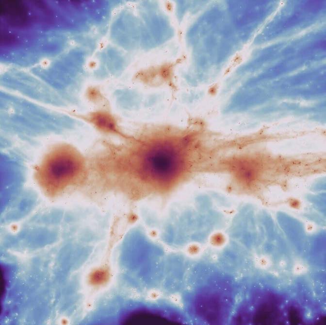 Frame from a movie of a massive galaxy cluster from the C-EAGLE simulation, providing a view of a region comparable to the one where the filaments have been detected. The color map represents the same emission from the gas filaments as the one detected in observations. At the convergence of these filaments, a massive cluster of galaxy is assembling. PHOTO CREDIT: Joshua Borrow using C-EAGLE