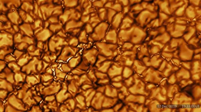 The Daniel K. Inouye Solar Telescope released the highest resolution observations of the sun’s surface ever taken. These cell-like structures — each about the size of Texas — are the signature of violent motions that transport heat from the inside of the sun to its surface. Video by NSO/NSF/AURACredit